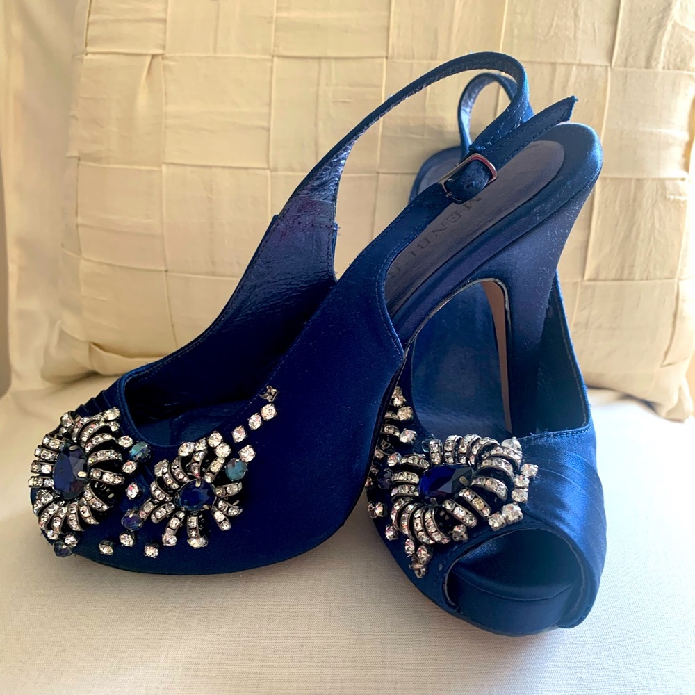 Royal navy blue embellished satin platform evening heels.